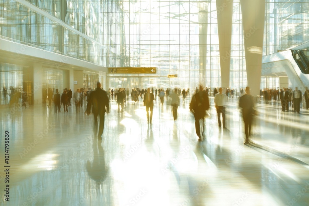 Poster a group of people navigating through a spacious structure, possibly an office or shopping center