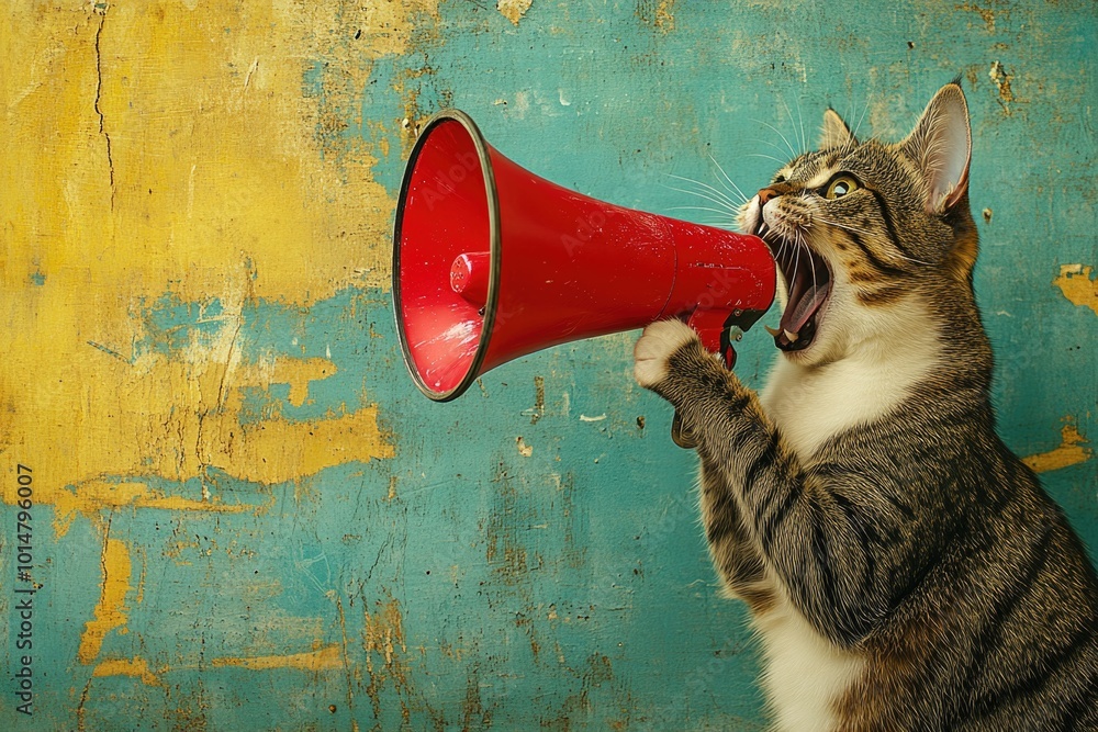 Poster a curious cat holds a red megaphone in its mouth, ready to make some noise
