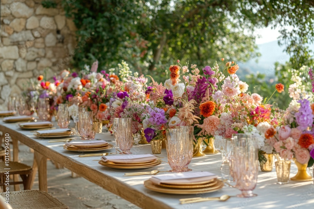 Poster A colorful arrangement of various flowers and foliage on a table