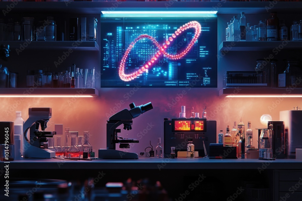 Poster a microscope sits on a counter under a neon sign, ready for use
