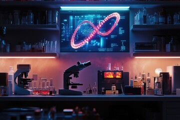A microscope sits on a counter under a neon sign, ready for use