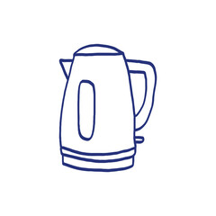 Electric kettle. Vector teapot. Cookware collection. Metal and plastic samples.Illustration set. Blue pen or marker drawing. Primitive kids picture