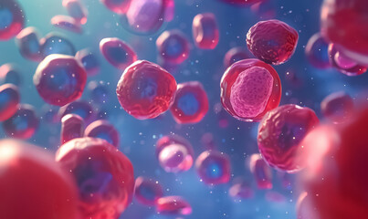 Red and blue molecules float in scientific visualization, particles interacting at microscopic level, symbolizing chemistry, biology, and research studies