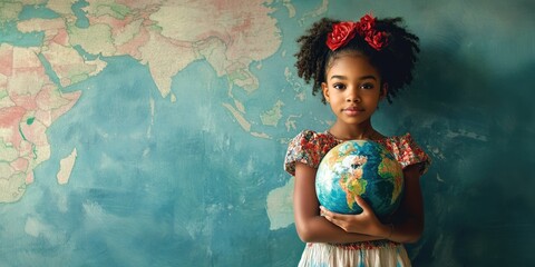 A young girl holds a globe in front of a map, looking curious