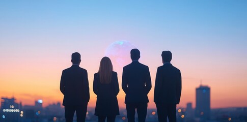 A business team stands in front of a digital earth hologram with silhouettes of business people, in a blue color theme. 