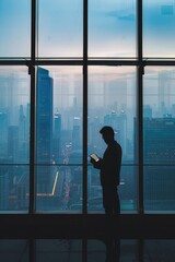 Fototapeta premium Man Looking at Cityscape Through Window