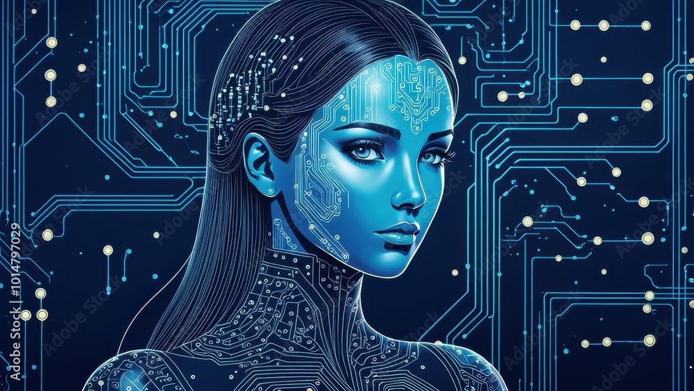 Poster a futuristic humanoid figure with a circuit-patterned design, symbolizing technology and ai.