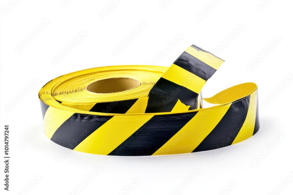 Poster a rolled up bundle of black and yellow hazard tape on a plain background