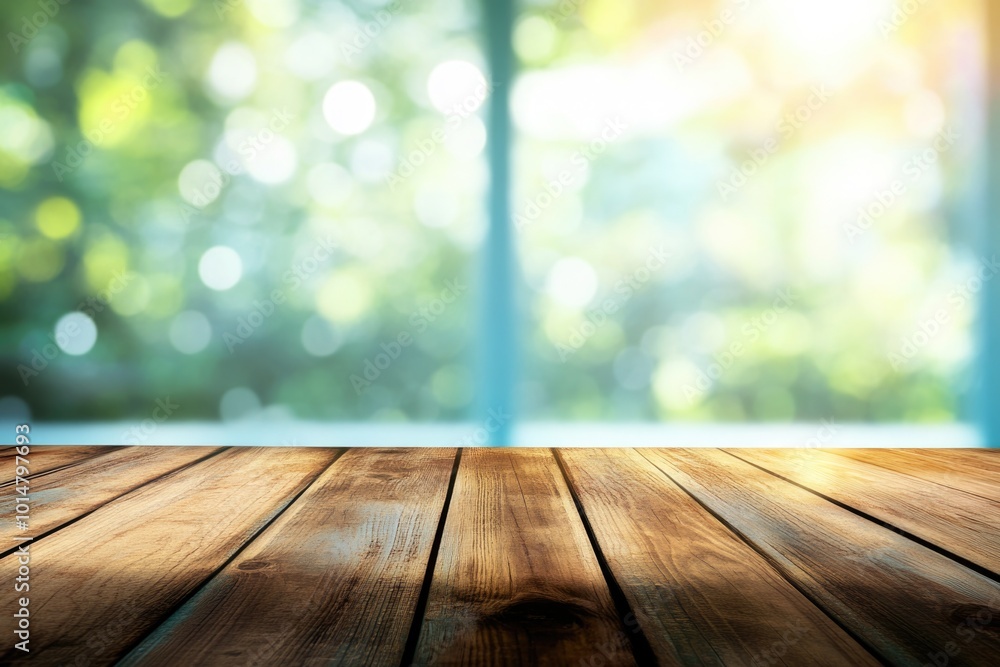Poster a close-up of a wooden table with a blurred background