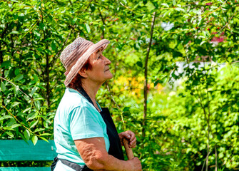 Elderly Female Farmer Observing Plants on Her Rural Farm