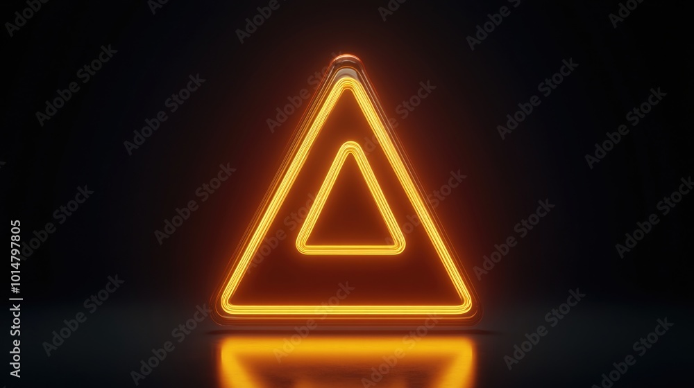 Poster A bright triangular neon sign reflected on a smooth surface, ideal for use in futuristic or technology-related concepts