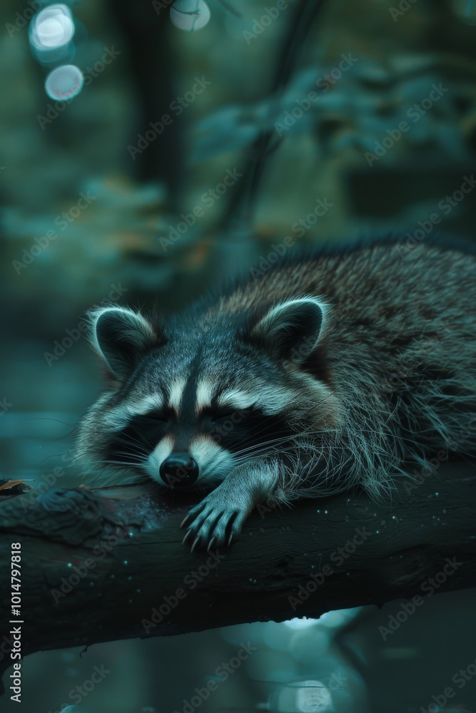 Poster a raccoon is laying on a tree branch in the woods. the image has a moody and mysterious feel to it, 