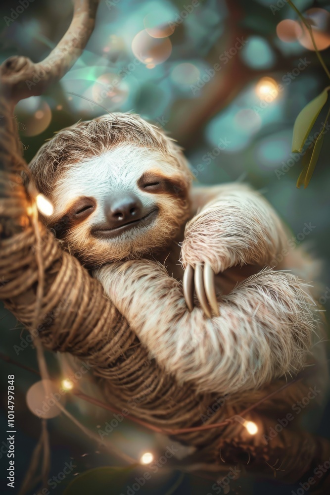 Aufkleber a sloth is sleeping on a tree branch. the sloth is smiling and he is happy