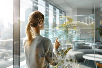 Businesswoman analyzing data on glass screen