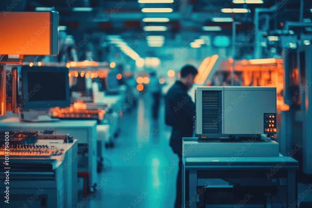 Poster A person navigating through a factory filled with electronic components and machinery