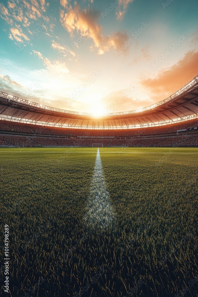 Wall mural A soccer field with the sun setting in the background, suitable for sports or leisure-related images