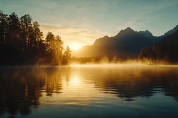 Fototapeta premium A serene landscape of a lake surrounded by mountains at sunset