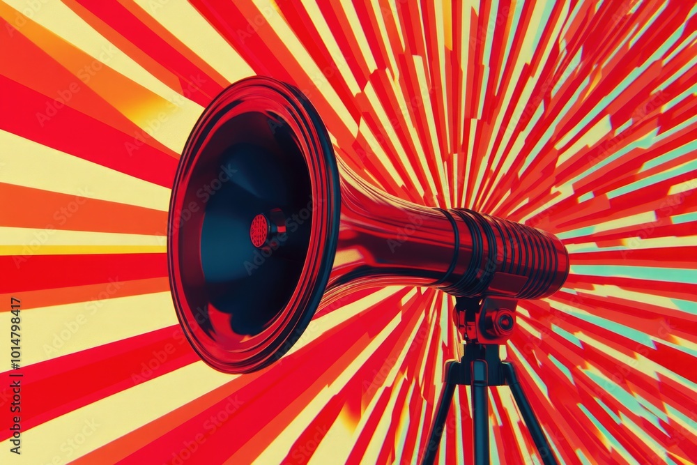 Poster A high-quality image of a red and black speaker standing upright on a tripod, ready for use