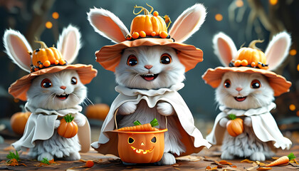 ハロウィンパーティーに集まった仮装をするウサギたち