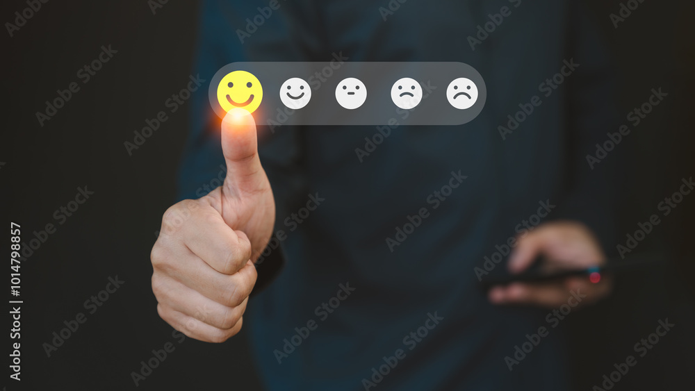 Poster customer select a happy face icon from a feedback scale with five emoji options, symbolizing custome