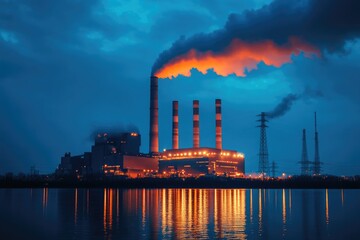 Obraz premium A factory emitting smoke from its stacks, industrial setting