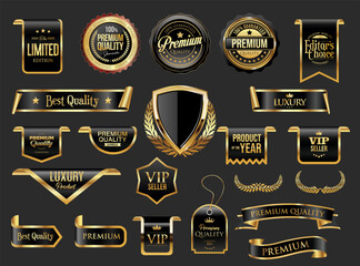Gold and black luxury labels and badges premium quality certificate ribbons illustration 