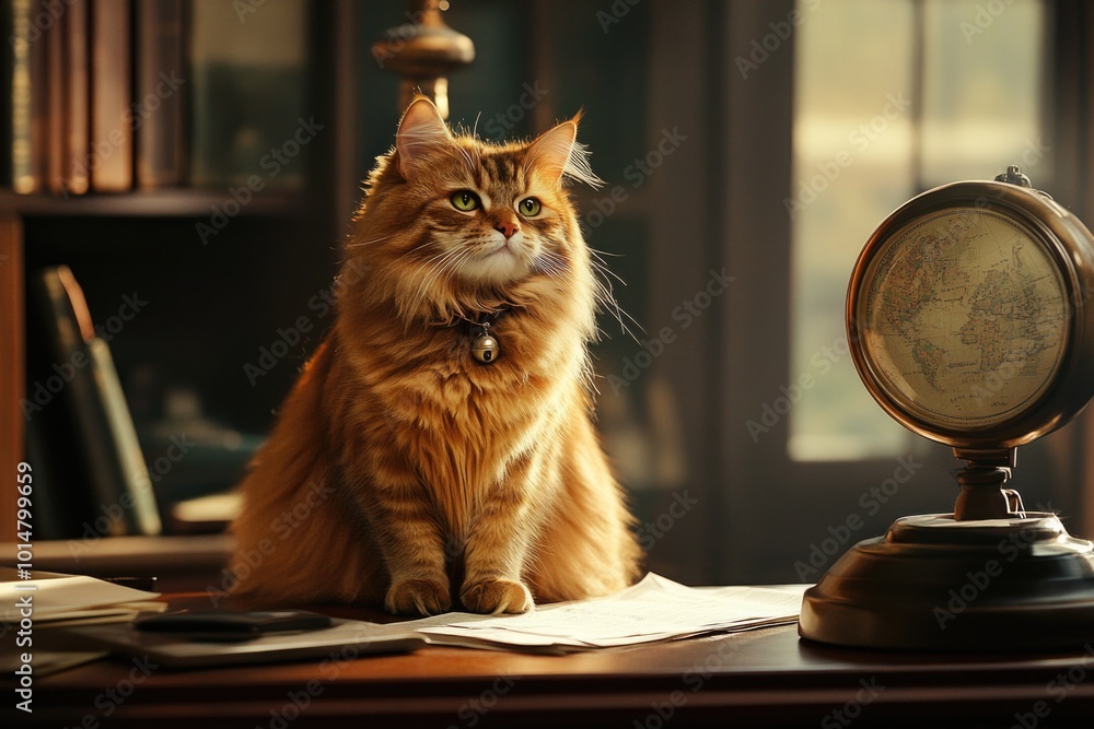 Poster a domestic cat sits next to an analog clock on a desk