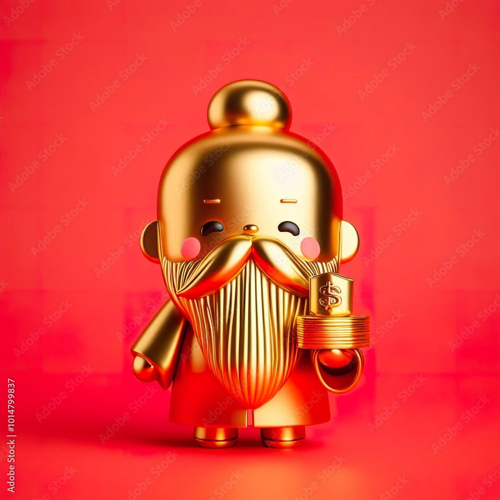 Wall mural a cute gold shinny metallic The old God of Wealth with a long beard character holding a gold stack red background