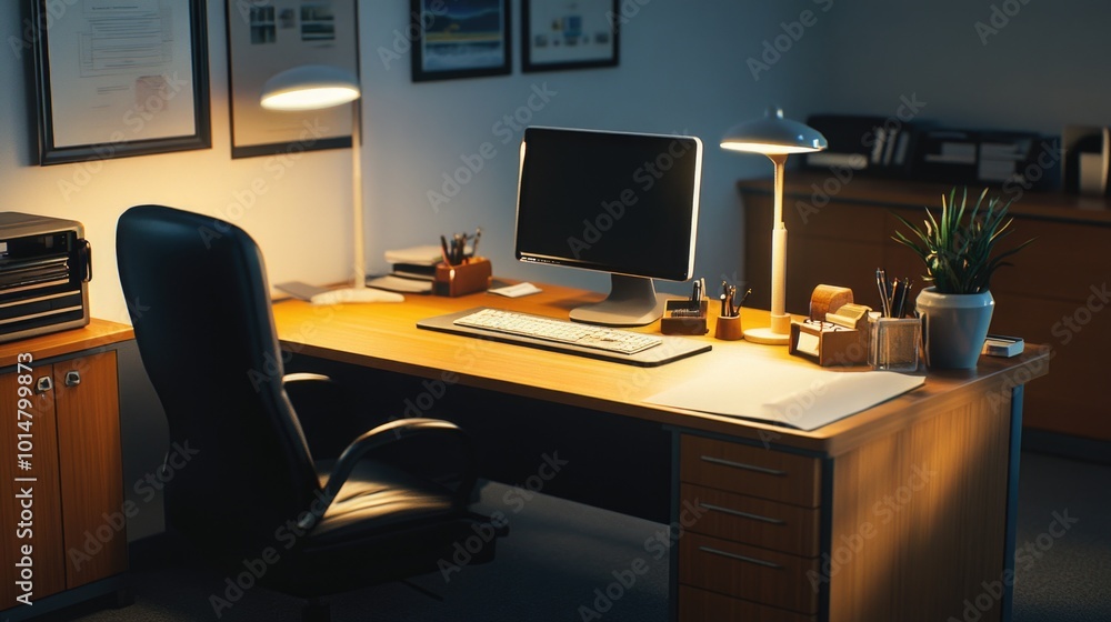 Poster a modern office desk setup featuring a computer and printer, perfect for remote work or home office 
