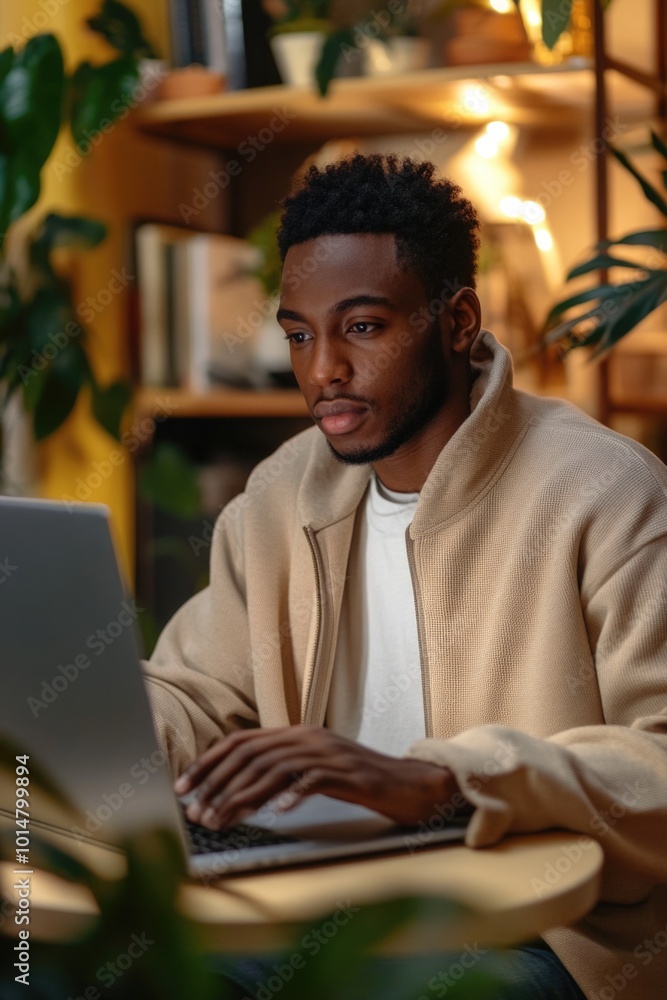Poster a person sitting in front of a laptop computer, focused on work