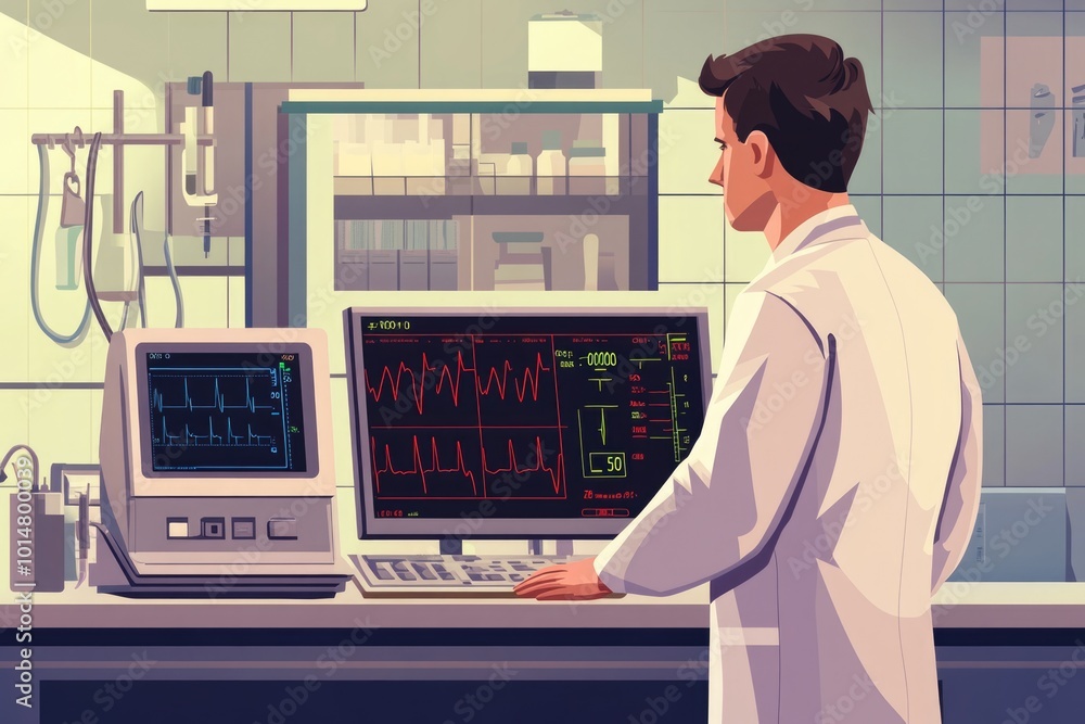 Poster A person standing near a computer screen with a calm expression, suitable for use in illustrations about work, technology or office scenes