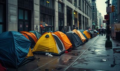 homeless tents line in bustling american city, highlighting homelessness, economic hardship, and social inequality in US and world