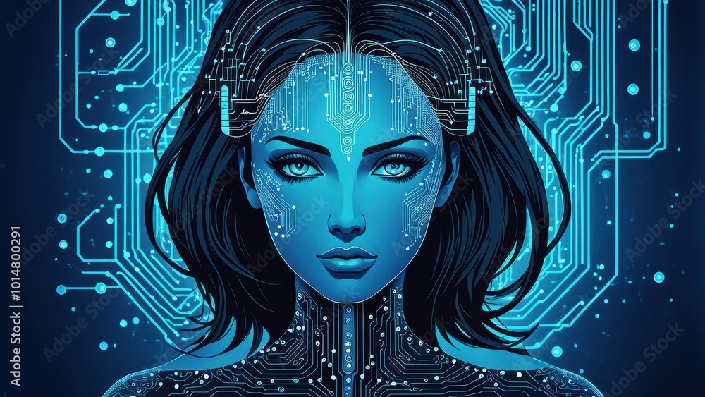 Poster a futuristic female figure with circuitry patterns, symbolizing technology and ai integration.