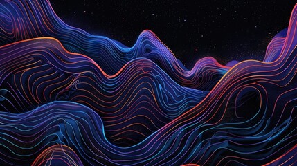 Obraz premium a black background with a few neon colors waves, geometric waves shapes, dark blue, purple, black, mostly black