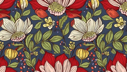 Hand drawn seamless pattern with beautiful flowers. Vector illustration in retro style. Suitable for embroidery, wallpaper and much more.