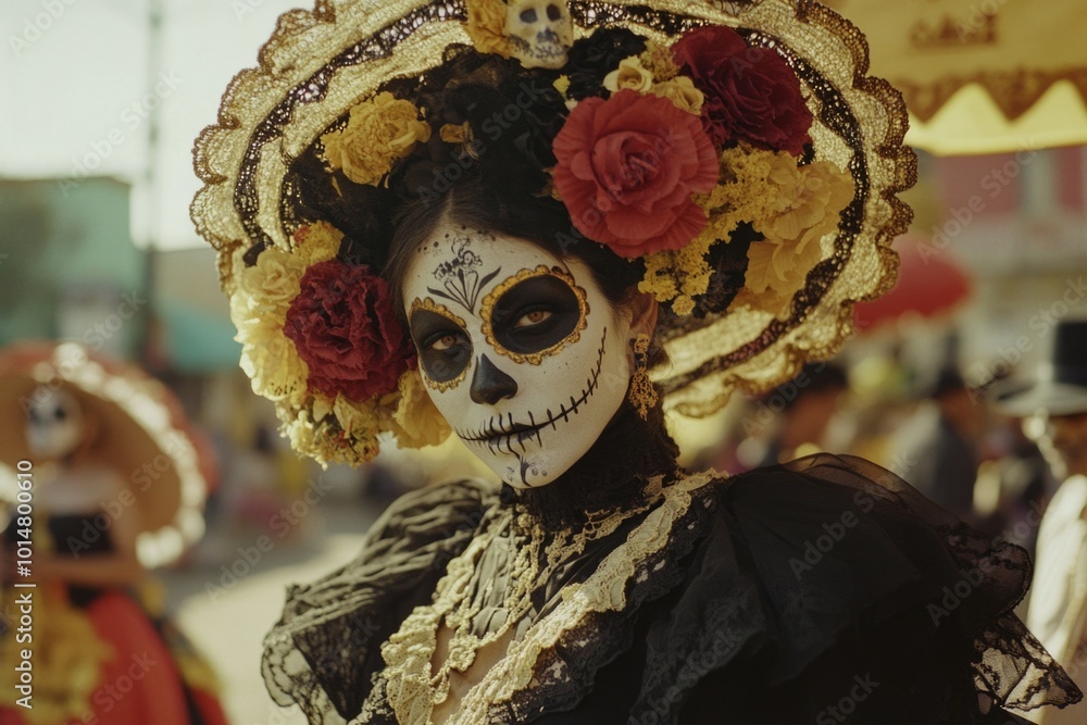 Wall mural A woman wearing a costume with skeleton face paint, great for Halloween or horror-themed images