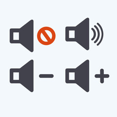 Icons representing different volume controls, including mute, increase, and decrease options. Ideal for audio applications, web design, and user interface development.