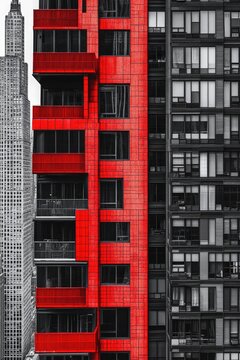 Fototapeta Black and white and red photograph of a tall building, suitable for use in architectural or cityscape designs