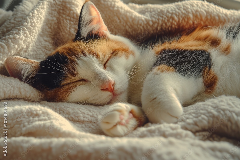 Poster a calico cat is sleeping on a colorful blanket