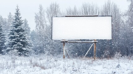 Blank white mock up large billboard sign winter tree farm snow Christmas advertising board template marketing scenic roadside signage rustic forest peaceful empty design promotional media xmas ad one