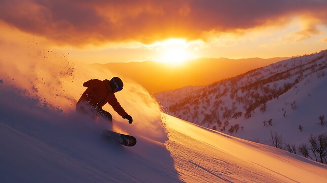 A snowboarder carving down a snowy mountainside with a sunset in the background.