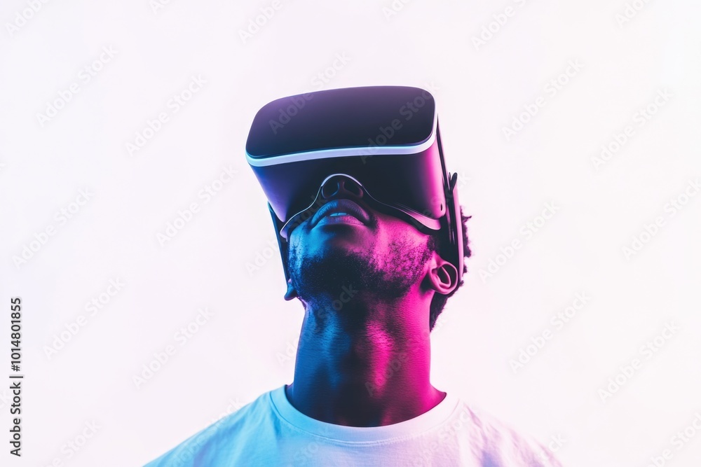 Poster a person wearing a virtual reality headset in a simple white background, ideal for tech-related conc