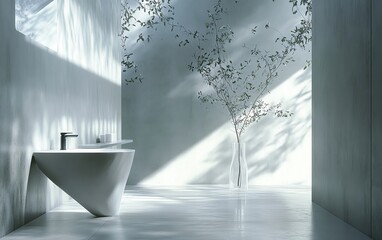 Modern minimalist bathroom with white sink and tree.