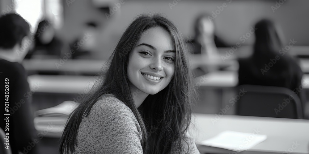Aufkleber a woman sits at a table in a traditional classroom setting, ready to learn or teach