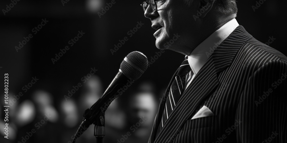Poster a professional speaker addressing an audience from a podium with a microphone