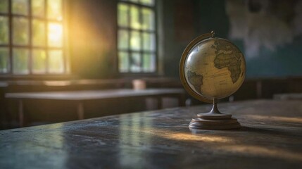 A globe sits atop a wooden table, providing a unique perspective