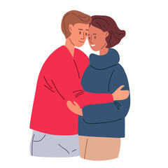 Hugging boyfriend and girlfriend. Two happy smiling people. Touch foreheads. Couple in love. Vector isolated illustration in flat cartoon style for International Hugging Day for card, banner, poster