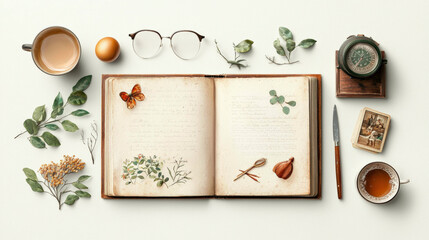 A peaceful scene of an open journal with delicate leaves, a butterfly, and handwritten notes. Surrounding it are tea, glasses, and old photos, evoking memories, nostalgia, and simplicity.