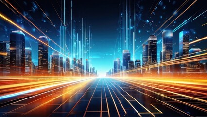 A futuristic cityscape with dynamic light trails and digital elements, suggesting speed and innovation.
