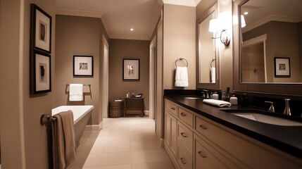 Modern bathroom with double vanity and bathtub.